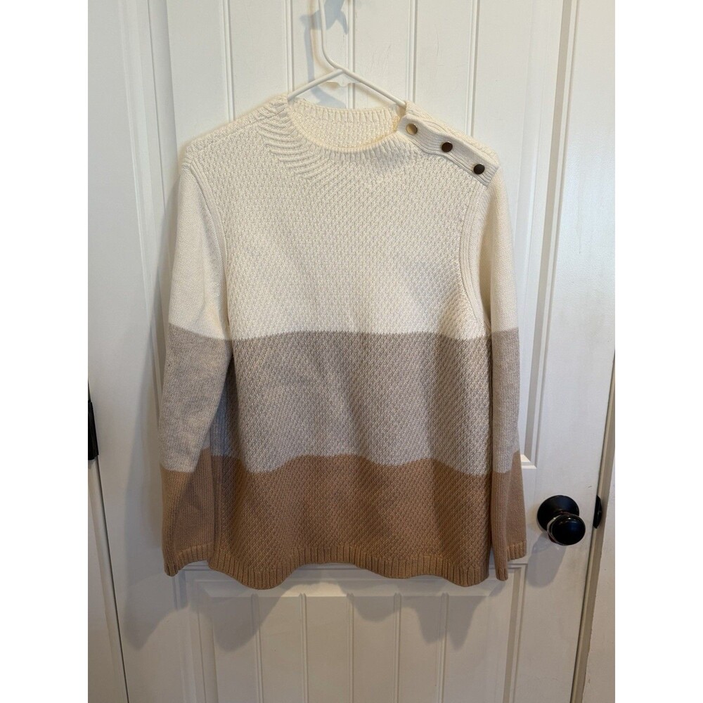 Talbots Petite Colorblock Textured Knit Sweater Cream Tan Button Shoulder